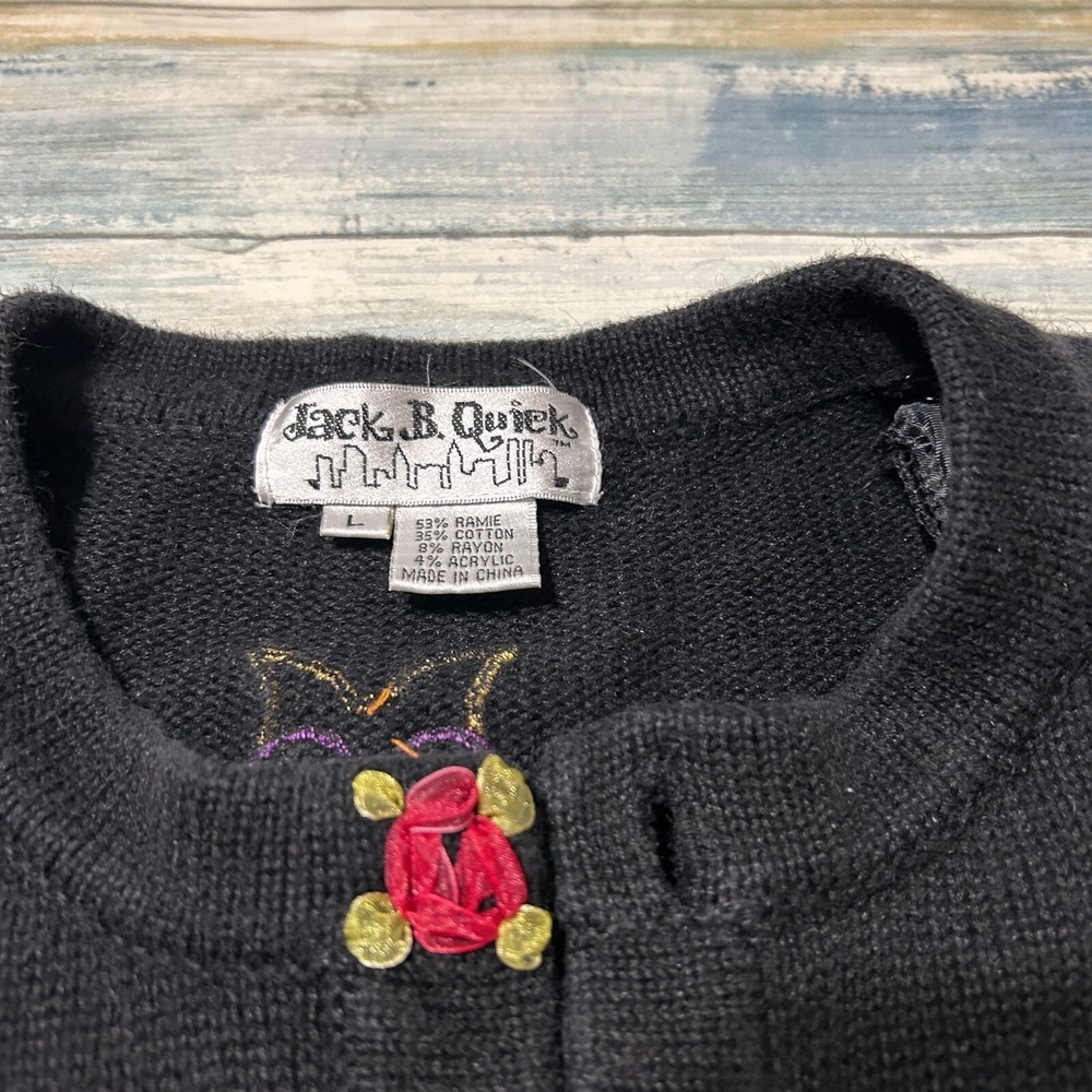 Jack B. Quick Owl Cardigan Sweater Large Black Embellished Bird Granny Grandma - Picture 5 of 9